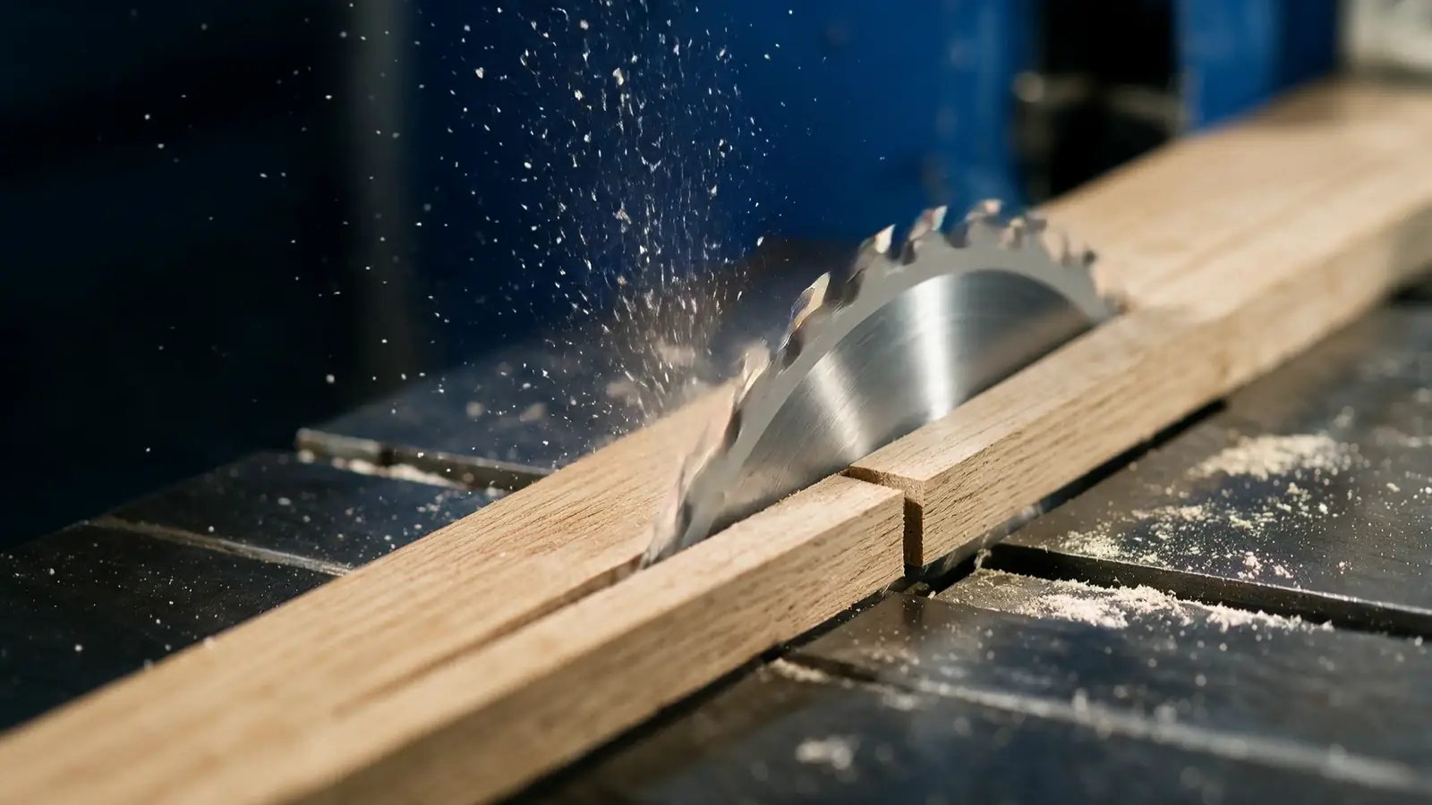 Hardmetallsagblad som river en eikeplank, med spon som spruter